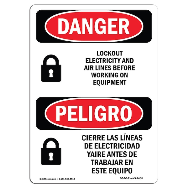Safety Sign, OSHA Danger, 5" Height, Lockout Electricity Lines Before Spanish, 10PK